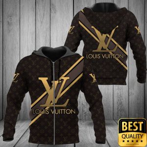 Luxury Louis Vuitton Dark Brown with Gold Diagonal Lines 3D Shirt and Pants 4