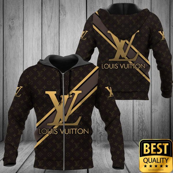 Luxury Louis Vuitton Dark Brown With Gold Diagonal Lines 3D Shirt And Pants 161