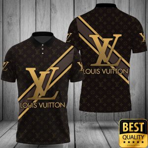 Luxury Louis Vuitton Dark Brown with Gold Diagonal Lines 3D Shirt and Pants 5