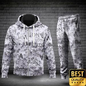 Luxury Louis Vuitton Paris White with Black Logo and Gray Splatter 3D Shirt and Pants 2