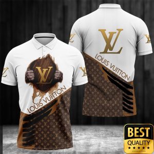 Luxury Louis Vuitton White and Brown with Hand Holding Brand Logo and Name 3D Shirt 4