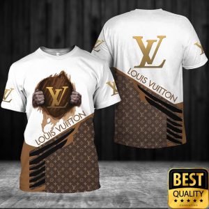 Luxury Louis Vuitton White and Brown with Hand Holding Brand Logo and Name 3D Shirt 5