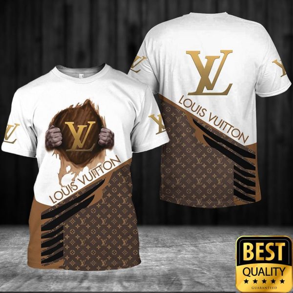 Luxury Louis Vuitton White And Brown With Hand Holding Brand Logo And Name 3D Shirt 175