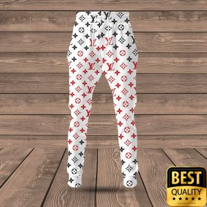 Luxury Louis Vuitton White with Black and Red Monogram 3D Shirt and Pants 3