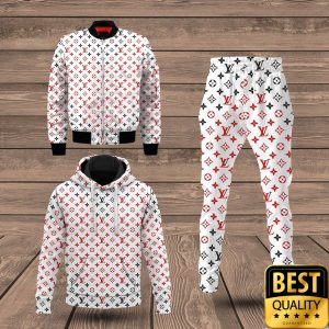 Luxury Louis Vuitton White with Black and Red Monogram 3D Shirt and Pants 7