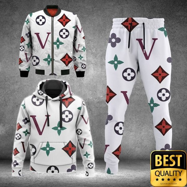 Luxury Louis Vuitton White With Colorful Patterns And Big V 3D Shirt And Pants 178