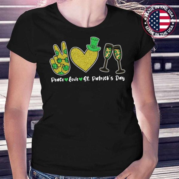 Peace Love St Patrick’s Day Cheer Drinking Glitter Shamrock T-shirt