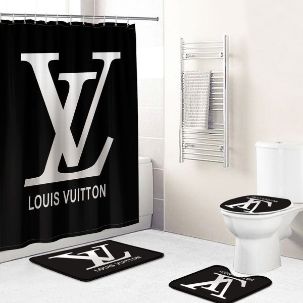 Shower Curtains Louis Vuitton Black Gray Logo Full Bathroom Sets 083