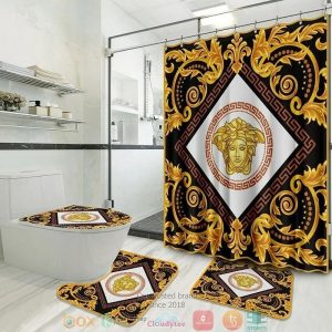 Versace Detailed Gold Pattern Curtain Bathroom Set 029