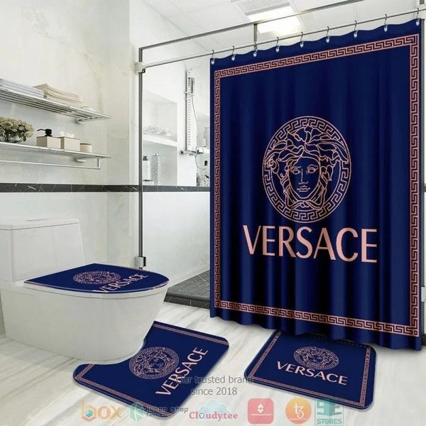 Versace Pink Border Pattern Navy Curtain Bathroom Accessories Set 037